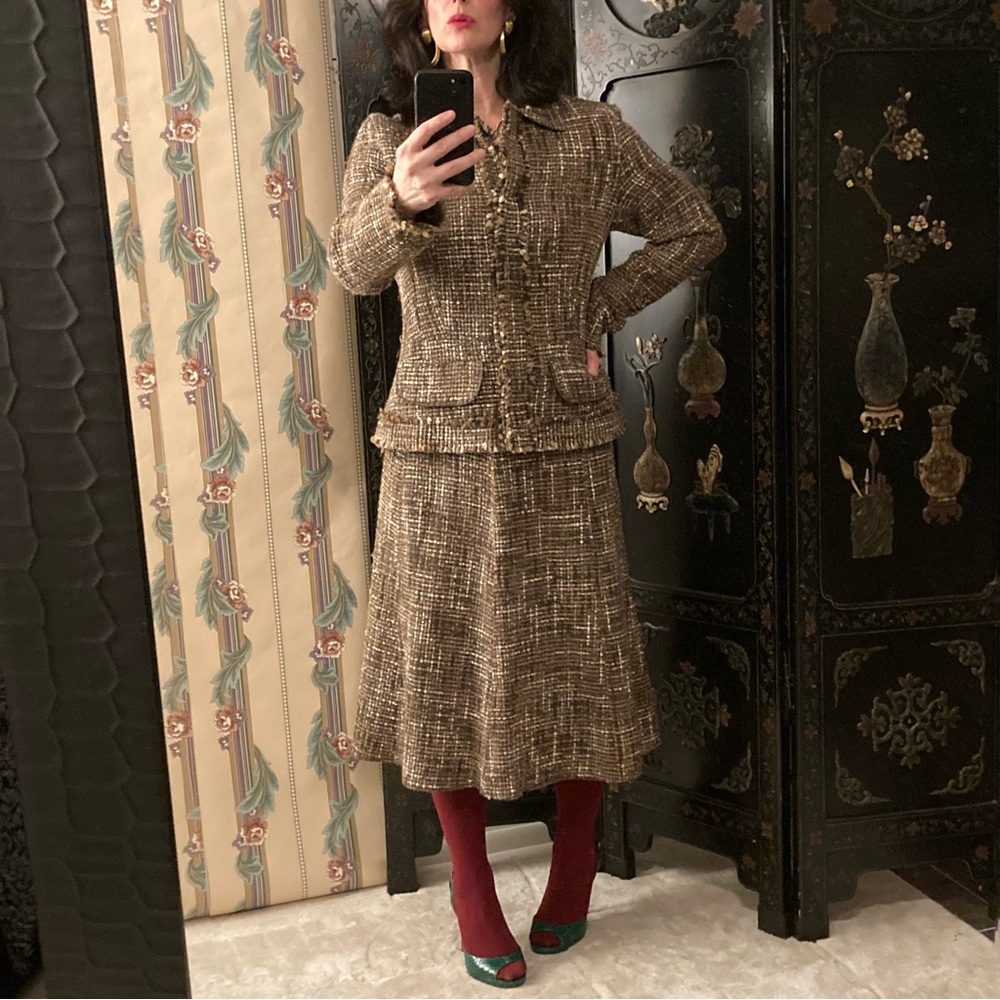 Perry Ellis Y2K Brown Wool Blend Skirt Set